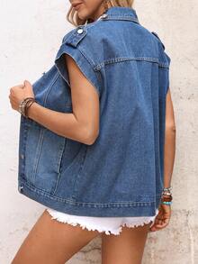 EMERY ROSE 女士单排扣休闲宽松蝙蝠袖牛仔夹克 - 藍色 - 查看 3