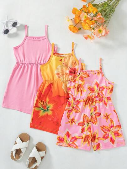 SHEIN 3pcs/Set Toddler Girls' Summer New 2025 Floral Print Solid Color Romper Shorts, Minimalist Fashionable Vacation Style Jumpsuit