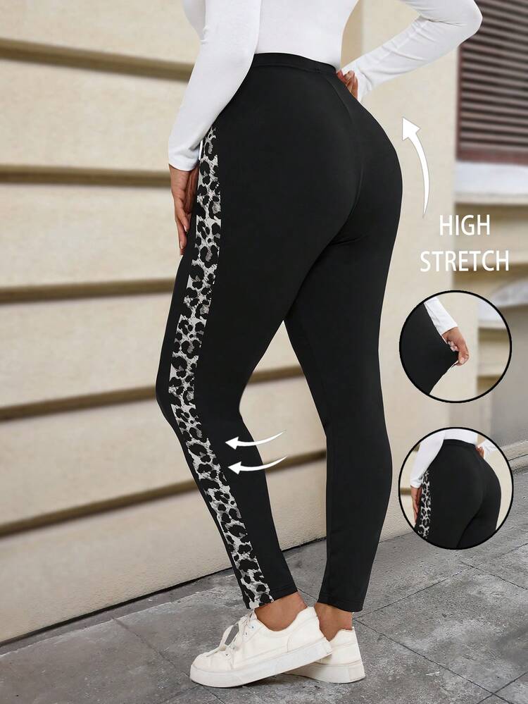 Plus Size Casual Everyday Leopard Print Patchwork Stretch Leggings, Autumn