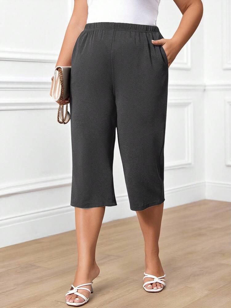 Plus Size Casual Versatile Solid Color Pocket Pants, Summer Outfits For Women,Solid Capris Pants,Spring/Summer/Vacation,Daily Wear,Commute