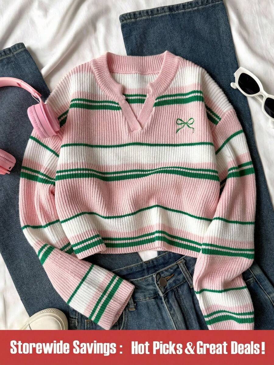SHEIN 少女 V 领条纹针织套头衫，休闲撞色 - 粉色 - 查看 1