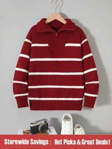 青少年男童时尚拉链V领套头毛衣，黑白撞色设计，宽松版型，翻领，适合日常穿着、节日聚会以及秋冬季节。 - 紅色 - 查看 1