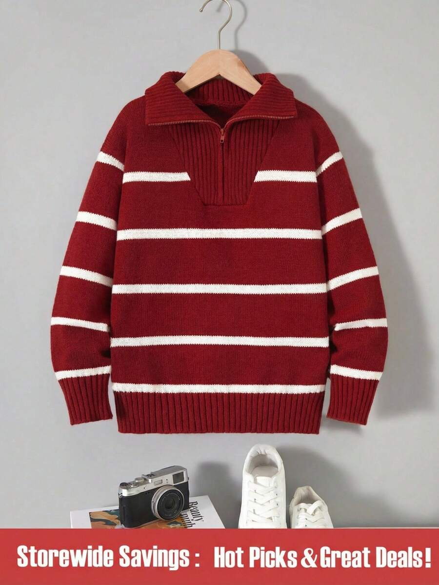 青少年男童时尚拉链V领套头毛衣，黑白撞色设计，宽松版型，翻领，适合日常穿着、节日聚会以及秋冬季节。 - 紅色 - 查看 1