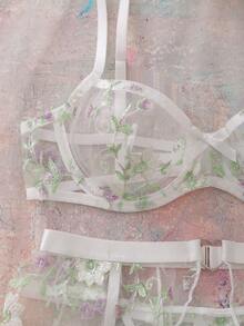 SHEIN 3pcs/Set Women's Floral Embroidery Underwire Bra, Garter Belt And Panty Set, Fresh And Romantic Pastoral Design, Sexy - Multicolor - View 6