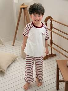 DAZY 男童条纹插肩短袖上衣和裤子睡衣套装 - 紅色 - 查看 4