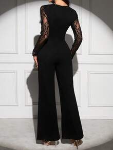 Gownix 女士优雅黑色撞色蕾丝连体裤，春夏 - 黑色 - 查看 8