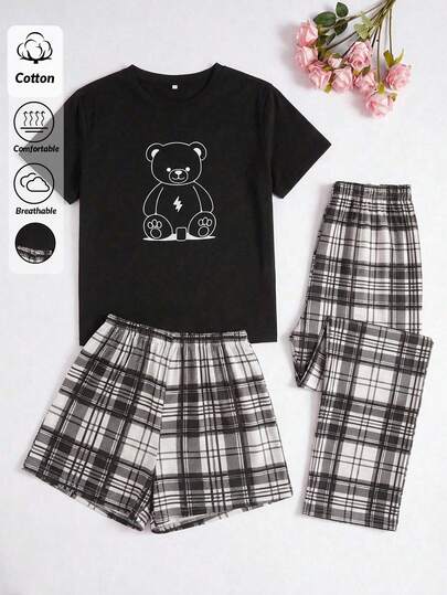 SHEIN Women 3 Pcs Plaid Bowknot Print Short Sleeve & Long Pants & Shorts Women Pajama Set