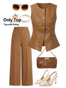 Ellevyn 女士秋季PU皮黑色摩托车夹克背心套装，适合女性工作、度假、商务等各种场合。 - 咖啡棕 - 查看 1