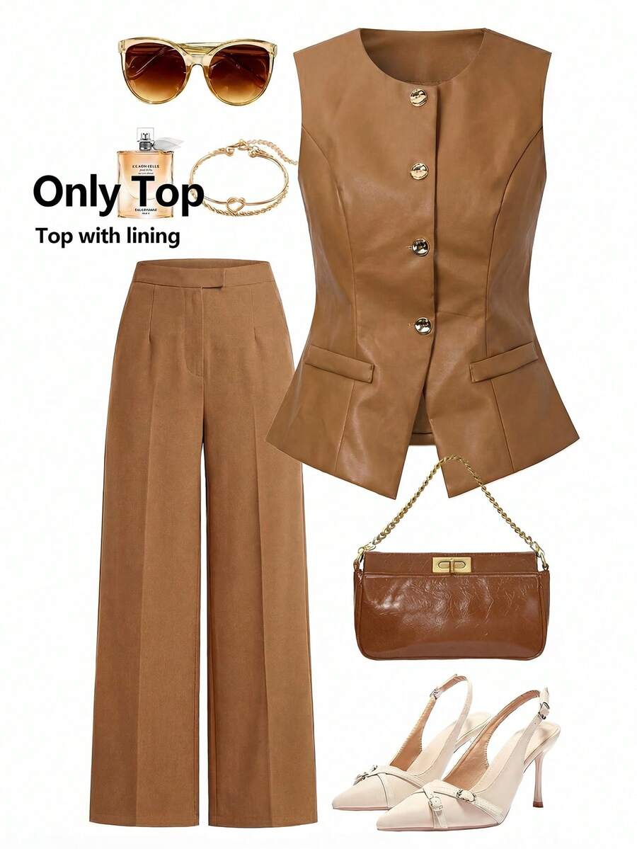 Ellevyn 女士秋季PU皮黑色摩托车夹克背心套装，适合女性工作、度假、商务等各种场合。 - 咖啡棕 - 查看 1