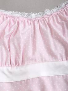 Sweetra French Romantic Beach Vacation Spring/Summer Sweet Polka Dot Halter Neck Cap Sleeve Double Ruffle Hem Women Pink Blouse - Pink - View 7