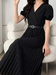 SHEIN Tween Girl French Elegant Lapel Bubble Sleeve Pleated Jumpsuit, Solid Color Woven Jumpsuit With PU Belt, Casual & Commute, Spring/Summer - Black - View 5
