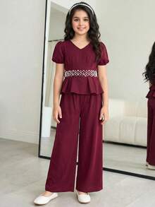 SHEIN Tween Girls' Elegant Beaded Puff Sleeve V-Neck Cinched Waist Blouse & Matching Solid Woven Pants Set, Burgundy, Spring/Summer - Burgundy - View 6