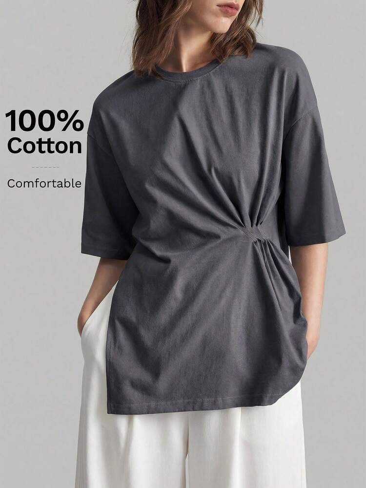 Women's Dark Grey Plain Knitted T-Shirt With Unique Twist Detail Round Neck Drop Shoulder Short Sleeves Long Tee Casual Style All-Season Versatile Modern Urban Fashion Business Casual Women's Wear Office Attire Understated Old-Money Style, Elegant And Sophisticated, High-Quality Commuter And Airport Women's Wear Bohemian Style Vacation Outfits Seaside Women's Clothing, Country Music Concert Style, Western Style Clothing, Nomadic Casual Fashion Boho