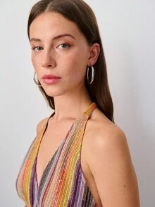 Nöista 多色针织竖条纹露背上衣，深V领口，正面系带设计。适合春季、夏季、波西米亚风、节日、海滩穿着。 - 彩色 - 查看 3