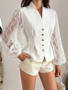 SHEIN Women, Spring, Summer, Blazer, Lace Sleeve, Boho, Weeding, Elegant, Boho Style, - White - View 1