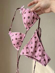Bonvoyette Women's Polka Dot Triangle Soft Cup Neck Tie Set - Hot Pink - View 3
