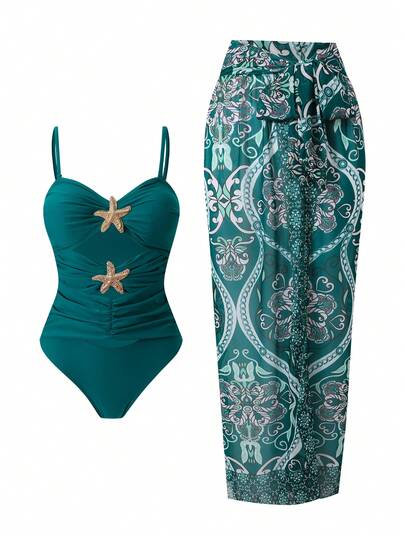 Swim Oasis Women's Oasis One-Piece Green Star Decor Multi-Tier Swimsuit, Premium Set With Green Totem Print Pattern, One-Piece Premium Set Swimwear 2 Piece Summer Outfits Women Beach Outfits For Women Holiday Outfits For Women Sets For Women Outfits Holiday Outfits For Women Swimwear Women Vacation Outfit Sets Pool Outfits For Woman Beach Outfits For Woman