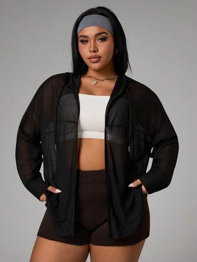 Rhythm Era 大码纯色薄纱提花连帽长袖运动夹克