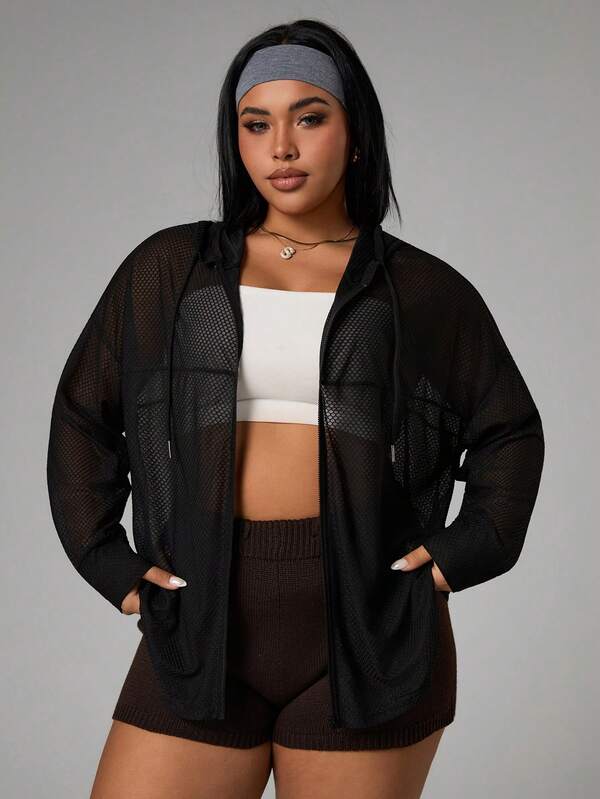 Rhythm Era 大码纯色薄纱提花连帽长袖运动夹克