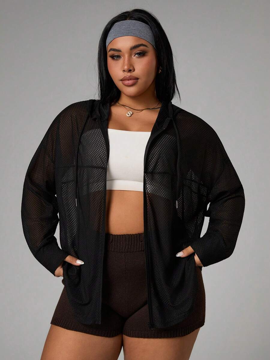 Rhythm Era 大码纯色薄纱提花连帽长袖运动夹克 - 黑色 - 查看 1