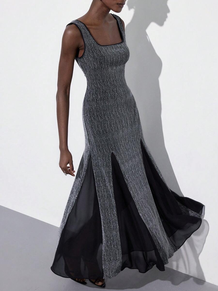 Aveloria Modichic Đầm ôm sát màu xám bạc ánh kim phối viền voan đen, thiết kế đuôi cá thanh lịch, thích hợp cho các bữa tiệc hoặc các dịp đặc biệt dành cho nữ. - Nhiều màu - Xem 1