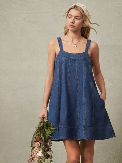 WESTFADE Scoop Neck Tie Strap Western Seamed A Line Cotton Blend Denim Babydoll Mini Dress Spring, Resort Wear, Summer, Casual, Cute, Boho, Vacation, Beach, Nashville, Cowgirl, Western Clothes, Festival, Stagecoach, Coachella