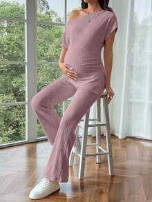 SHEIN 2 piezas Conjunto de camiseta y pantalones asimétricos de maternidad - Rosa coral - Ver 4