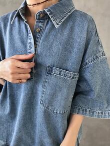 Women's Button Half-Placket Drop Shoulder Loose Pocket Denim Blouse - Blue - View 8