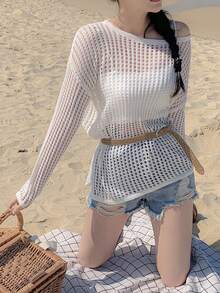 DAZY Bohemian Style Hollow Out Long Sleeve Knitted Cover Up, Design-Focused Women Sweater - White - View 1