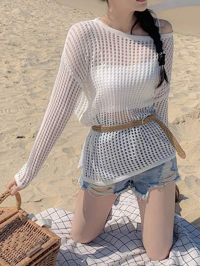 DAZY 波西米亚风镂空长袖针织罩衫，设计感十足的女士毛衣
