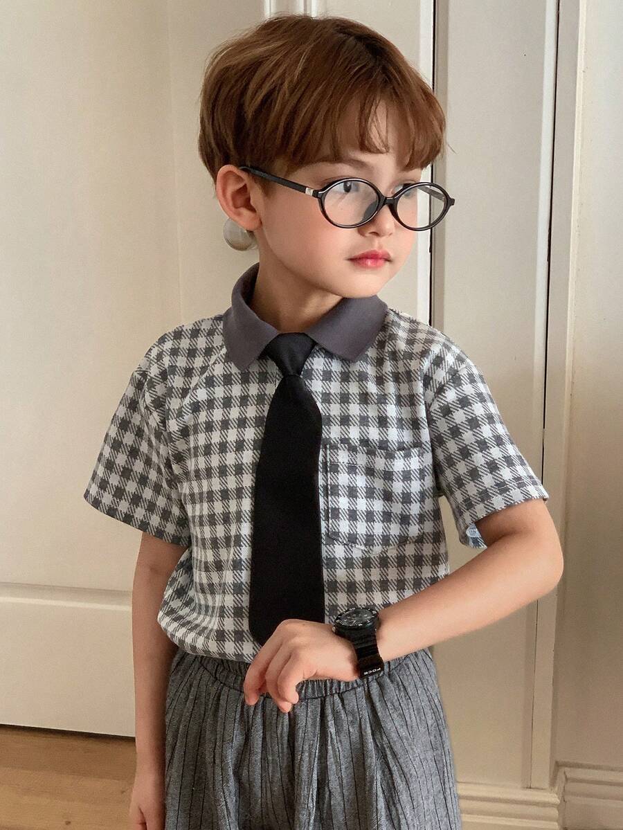 DAZY 男童千鸟格 Polo 领短袖休闲口袋 T 恤 - 灰色 - 查看 1