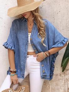 EMERY ROSE Women's Casual Vacation & Commute Ruffle Mid-Sleeve Single-Breasted Denim Jacket - Blue - View 1