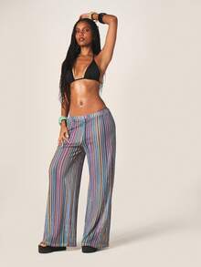 MISSGUIDED Women's High Waisted Wide Leg Textured Multicolor Striped Palazzo Pants Bohemian Casual Summer Beach Resort Flowy Pants - Multicolor - View 5