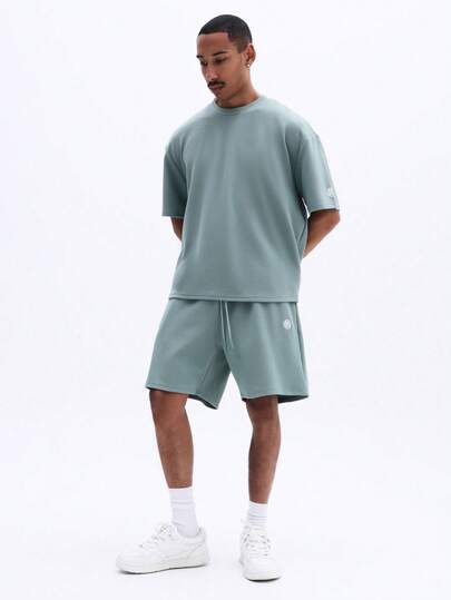 SUMWON Men Sage Green Crew Neck Short Sleeve T Shirt And Matching Shorts Co Ord Set Comfortable Relaxed Fit Summer Loungewear