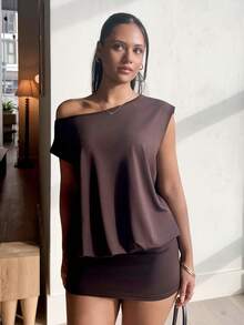 LHSEPT Đầm mini hở vai tay ngắn, áo rộng, quần bó, phù hợp với các cô gái trẻ - Cà phê nâu - Xem 3