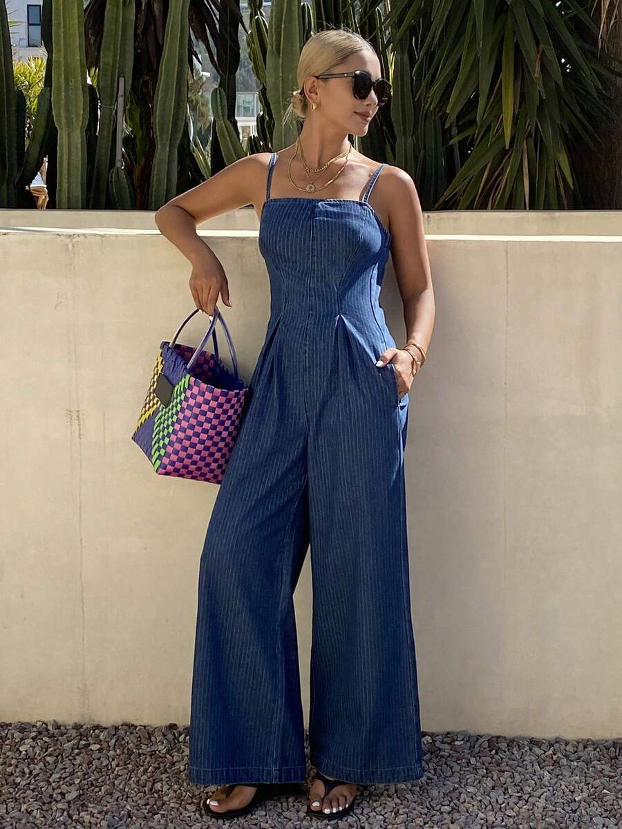 DAZY 女士休闲条纹吊带阔腿牛仔连体裤，夏季 - 中等水洗藍 - 查看 1