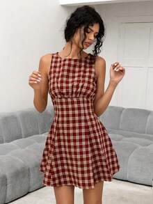 Sweetina 女士假日度假复活节酒红色外出格子圆领收腰无袖迷你连衣裙，夏季 - 紅色 - 查看 6