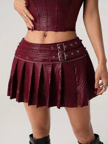 SHEIN ICON Y2k 女式外出酒红色哥特风俱乐部音乐会 Coachella 辣妹休闲百褶裙，按扣设计，适合约会和外出，夏季百搭 - 酒紅色 - 查看 3