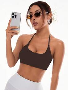Easithlete 女士纯色露背挂脖运动文胸 - 咖啡棕 - 查看 4