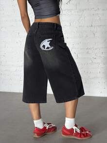 StreetHx Women's Fashion Casual Versatile Embroidered Star Flare Leg Jeans - Black - View 1