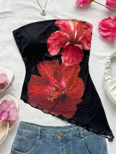 Girlism Teen Girls Black & Red Floral Print Elastic Casual Tank Tops & Camis