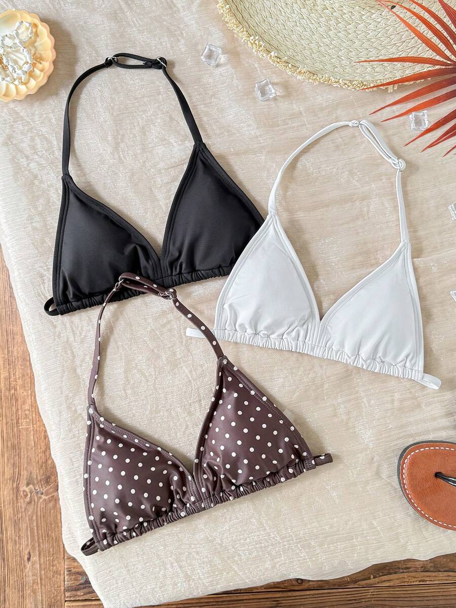 SHEIN مجموعة بيكيني 3 قطع للبنات المراهقات، طباعة نمر & أبيض/أسود سادة، كاجوال للعطلات، للبنات المراهقات - متعدد الألوان - مشاهدة 1