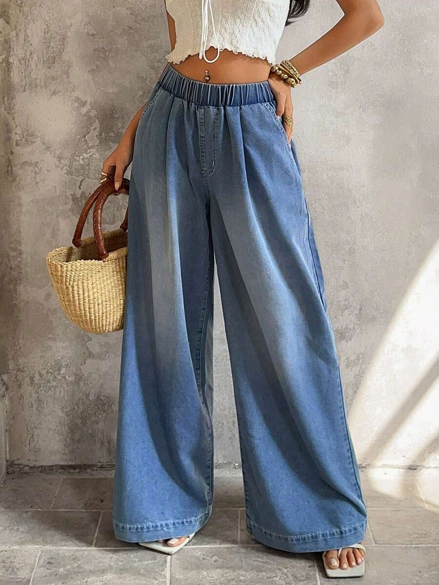 Sunnyshic 松紧腰休闲水洗宽松阔腿牛仔裤 - 藍色 - 查看 1