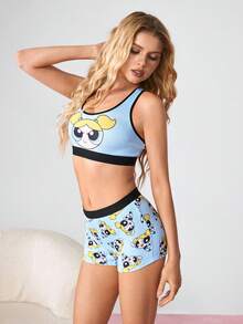 THE POWERPUFF GIRLS X SHEIN 女士卡通印花文胸上衣和三角裤休闲家居服套装 - 藍色 - 查看 3
