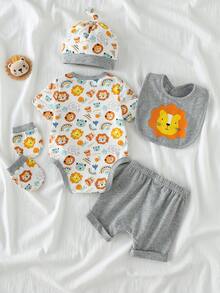 Loomiva 5pcs/Set Newborn Baby Boy/Girl Cute Animal Print Soft & Comfortable Romper + Shorts + Bib + Hat + Mittens Set - Multicolor - View 2
