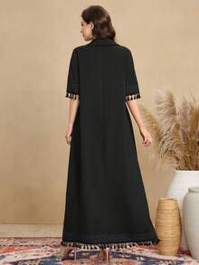 Al Najma Women's Retro Fringe Design Shirt Collar Short Sleeve Dress, Casual Arabic Style - Black - View 2