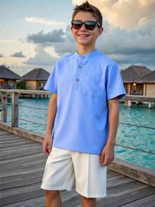 Vacaura 2pcs/Set Boys' Casual Half-Placket Mandarin Collar Shirt Set With White Shorts, Simple & Fashionable, Comfortable For Daily, Commute, Vacation Wear - Blue - View 11