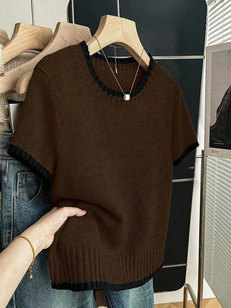 SHEIN Franclia 新款夏季简约个性拼接撞色优雅针织女式上衣 - 巧克力棕 - 查看 1