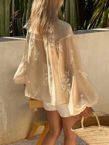 Livesso 春夏花卉刺绣设计系带休闲波西米亚风沙滩度假长袖女式衬衫 - 黃色 - 查看 5