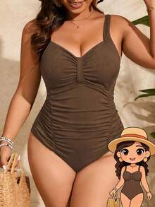 Swim Vcay Plus Size Women Solid Color Ruched One-Piece Swimsuit, Suitable For Beach Vacation, Pool Party, Beach Party - Brown - View 1